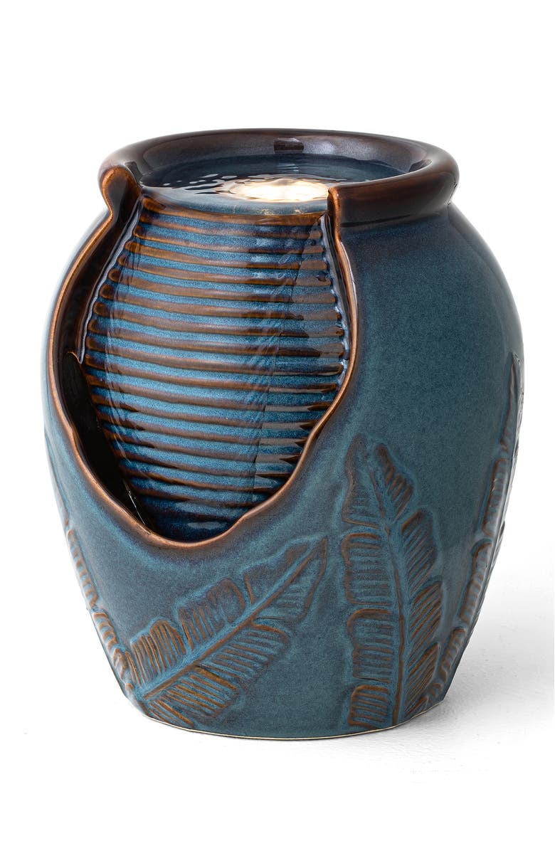 Glitzhome Turquoise Leaf Textured Ceramic Jar Tabletop Fountain with Pump and LED light, Main, color, Blue
