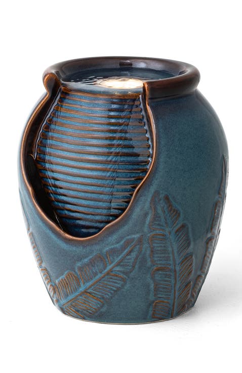 Turquoise Leaf Textured Ceramic Jar Tabletop Fountain with Pump and LED light