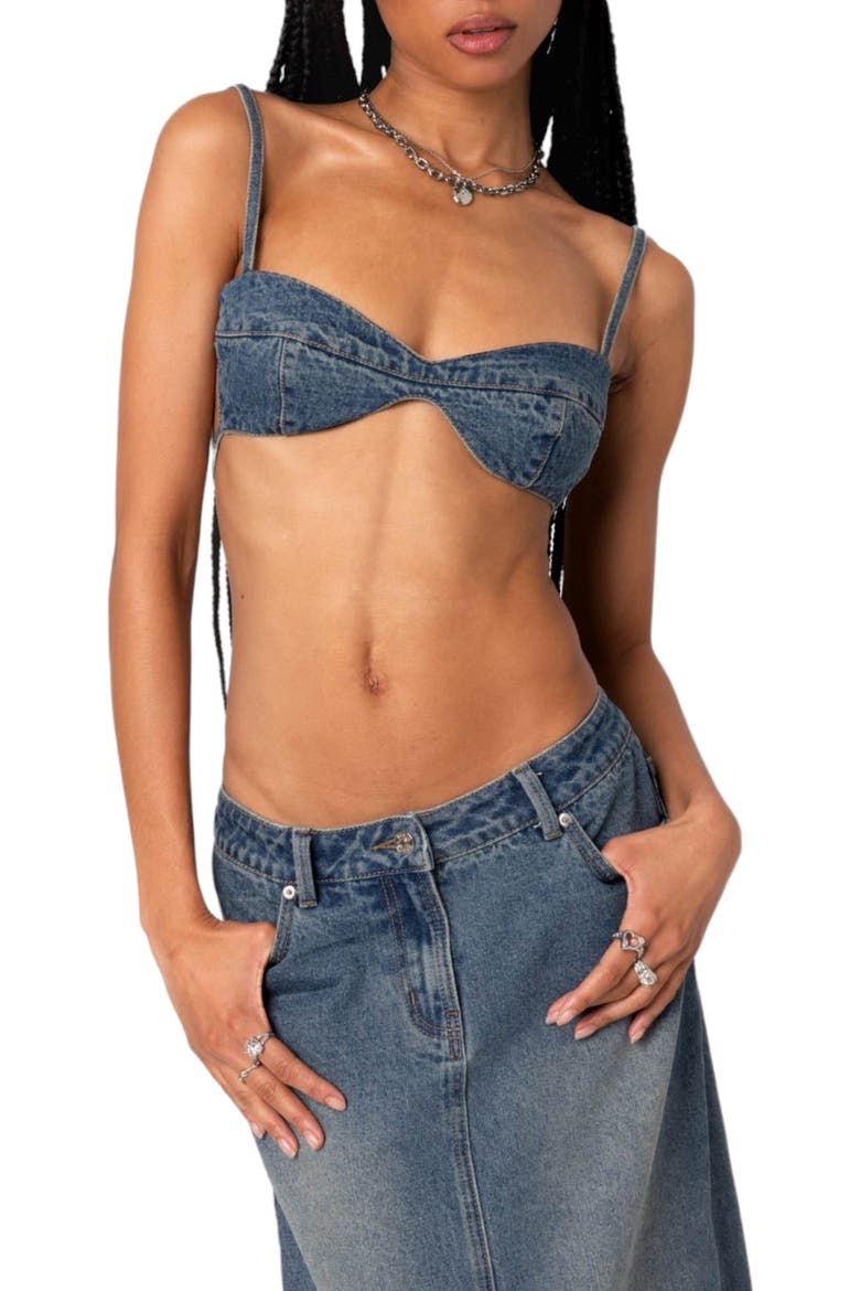 Lassy Tie Back Denim Bralette, Main, color, BLUE-WASHED