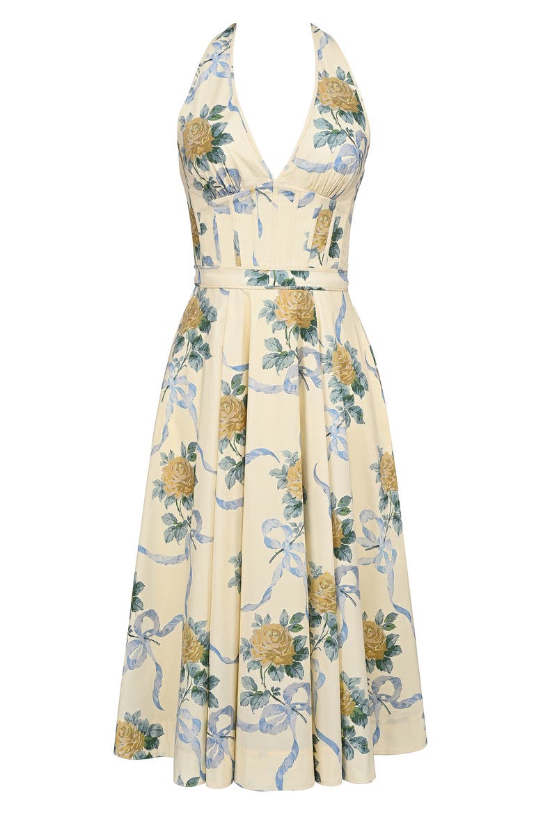 Allena Floral Halter Stretch Cotton Midi Sundress, Alternate, color, YELLOW ROSE PRINT