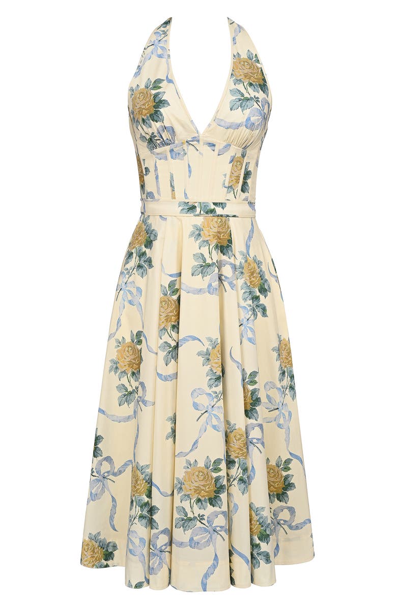 HOUSE OF CB Allena Floral Halter Stretch Cotton Midi Sundress, Alternate, color, Yellow Rose Print