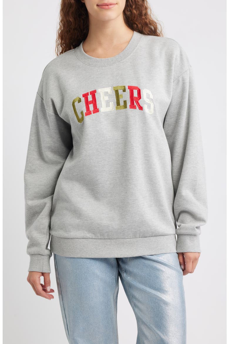 Cheers Embroidered Oversize Cotton Blend Sweatshirt, Main, color, HEATHER GREY