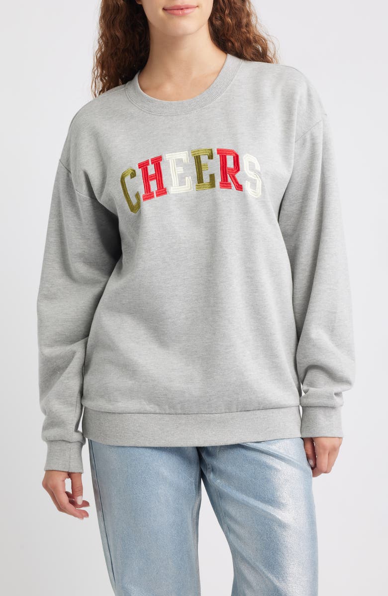 GOLDEN HOUR Cheers Embroidered Oversize Cotton Blend Sweatshirt, Main, color, Heather Grey