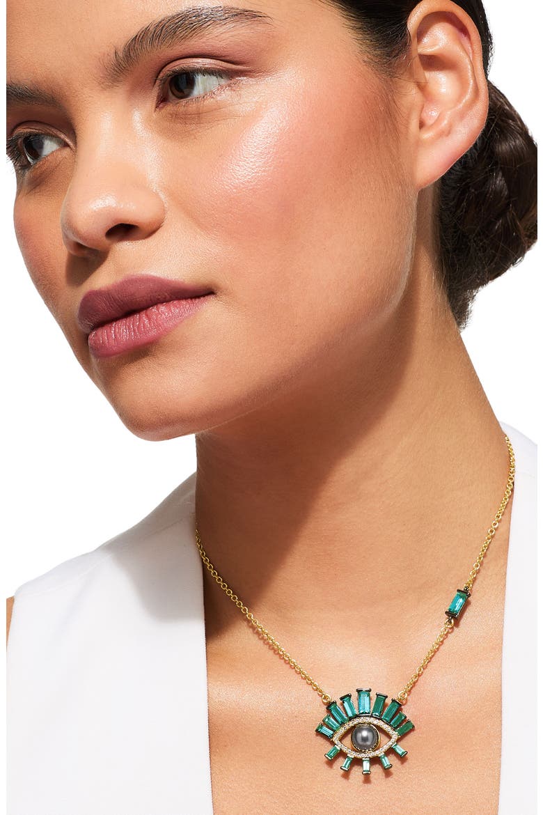 Faux Pearl Evil Eye Pendant Necklace, Alternate, color, GREEN