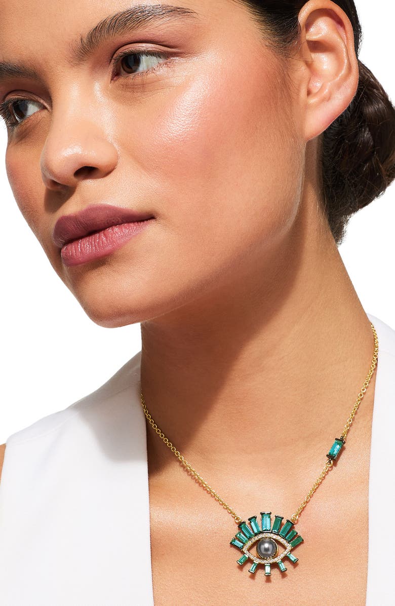 Kurt Geiger London Faux Pearl Evil Eye Pendant Necklace, Alternate, color, Green