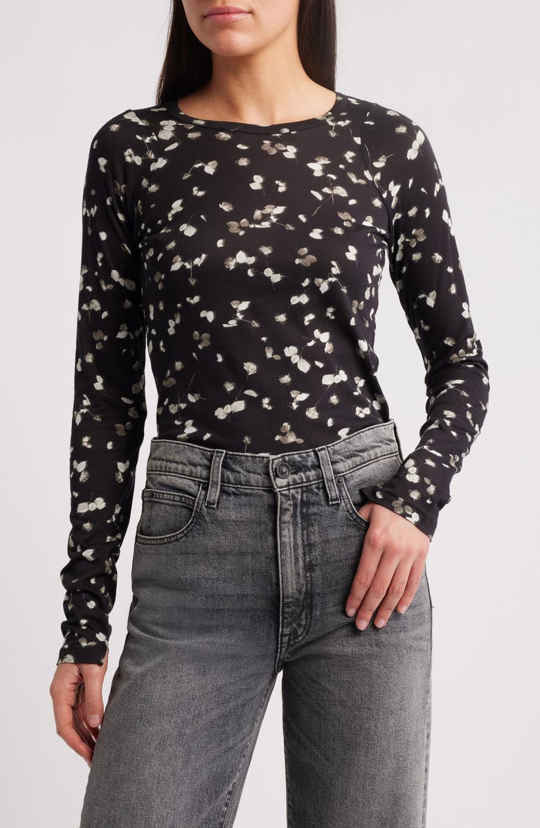 rag & bone Shaw Houndstooth Long Sleeve Cotton Top, Main, color, Black White Multi