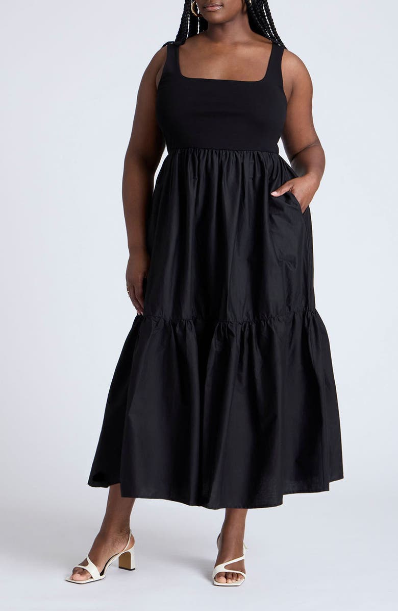 ELOQUII Mixed Media Sleeveless Stretch Cotton Maxi Dress, Main, color, 