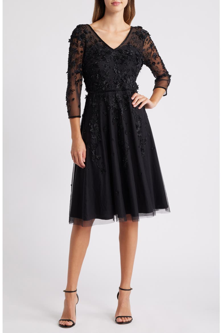 3D Floral Beaded Cocktail Dress, Main, color, BLACK