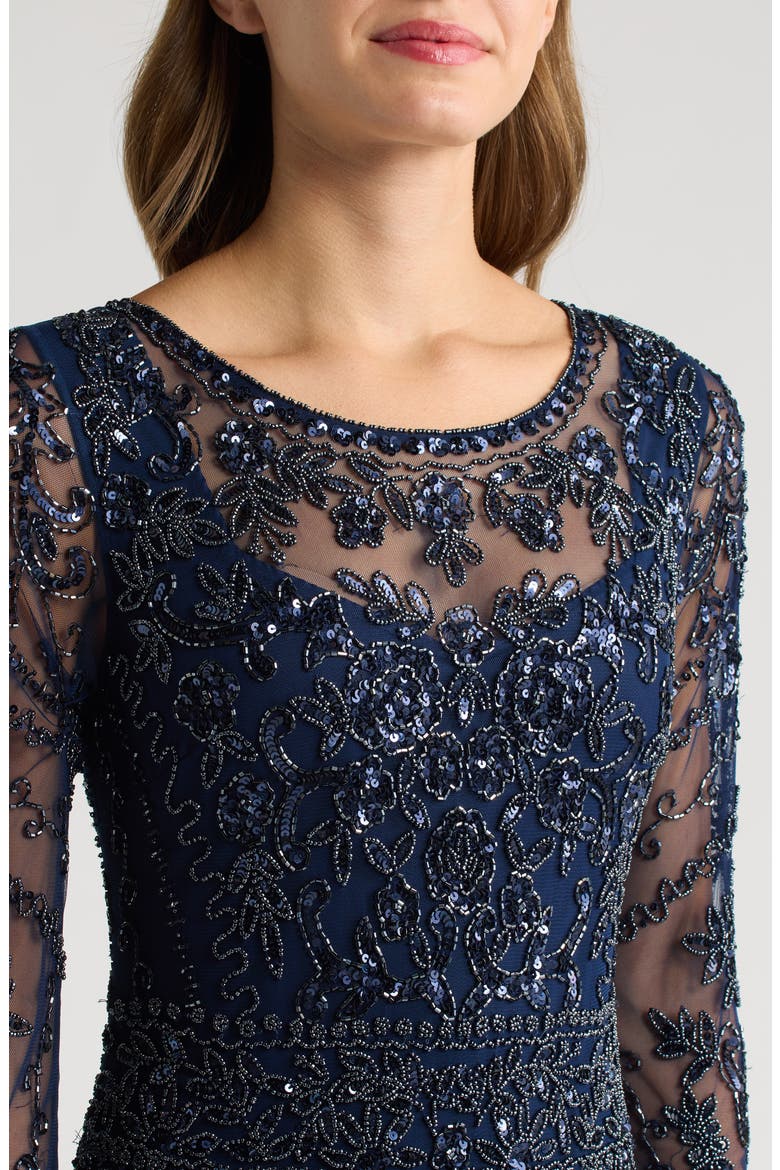Beaded Chiffon Column Gown, Alternate, color, NAVY 410
