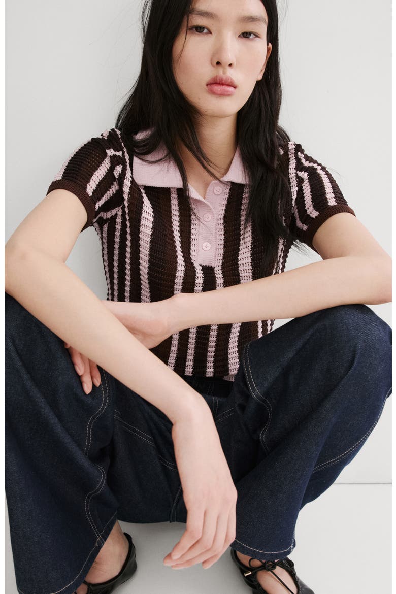 Stripe Short Sleeve Polo Sweater, Alternate, color, CHOCOLATE