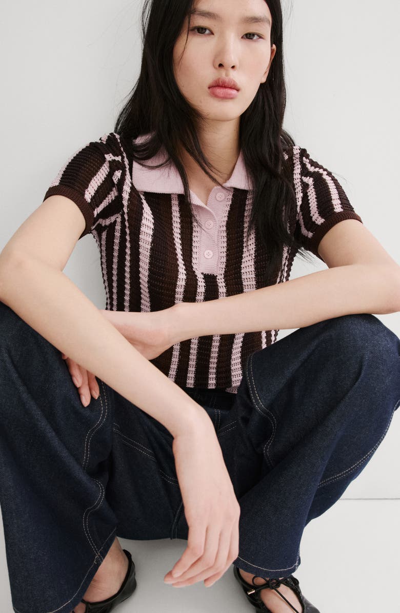 MANGO Stripe Short Sleeve Polo Sweater, Alternate, color, Chocolate