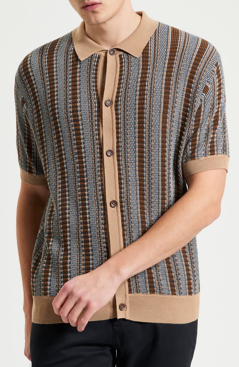 Ben Sherman Textured Stripe Knit Button-Up Shirt, Main, color,