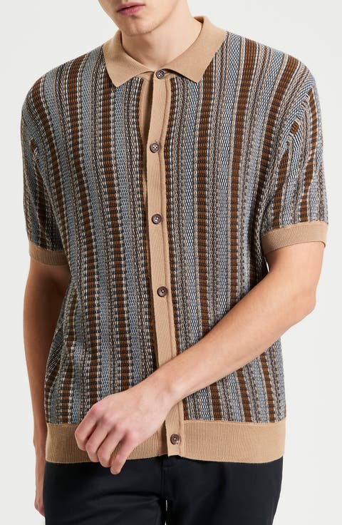 Textured Stripe Knit Button-Up Shirt