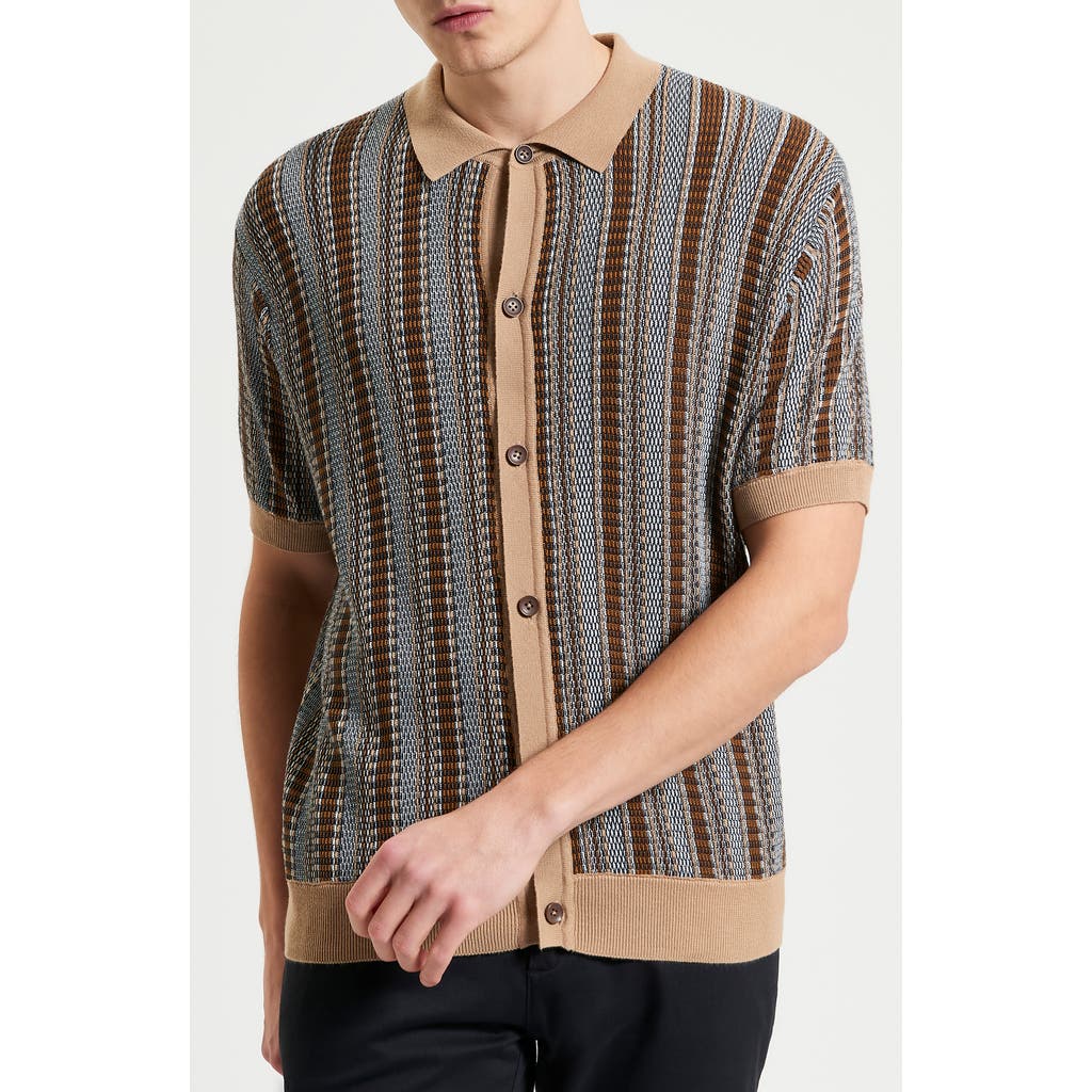 Ben Sherman Textured Stripe Knit Button-up Shirt In Dark Navy