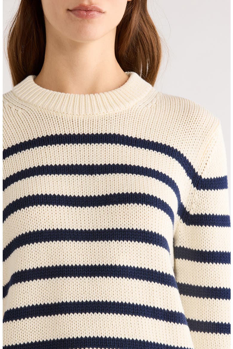 Alise Stripe Crewneck Cotton Sweater, Alternate, color, IVORY NAVY STRIPE