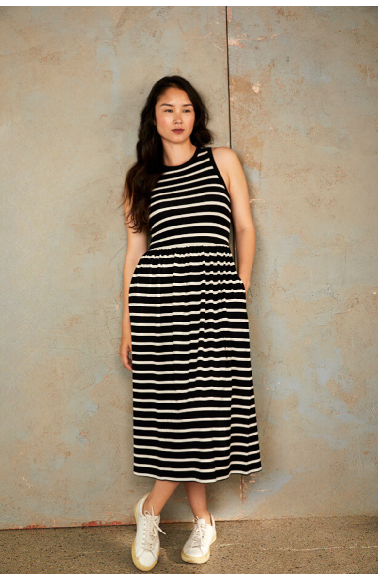 The Bshirt Women's Racer Back Gathered Dress, Alternate, color, Black / White Stripe