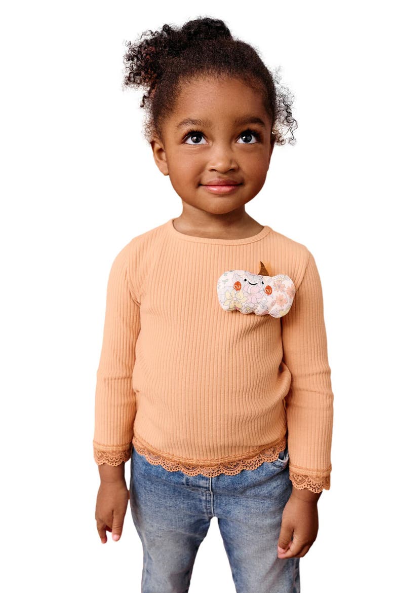 Kids' Pumpkin Appliqué Rib Long Sleeve Top, Alternate, color, ORANGE