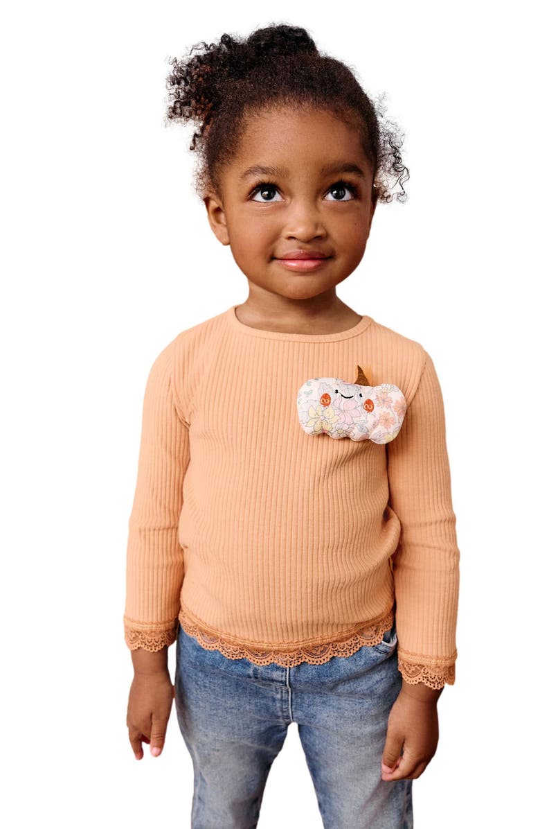 NEXT Kids' Pumpkin Appliqué Rib Long Sleeve Top, Alternate, color, Orange