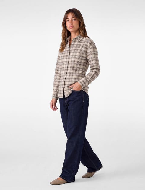 Long Sleeve Pointed Collar Plaid Shirt