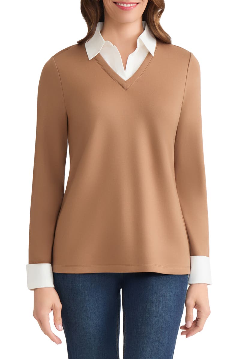 Jones New York Layered Look Long Sleeve Top, Main, color, Caramel/ Nyc White