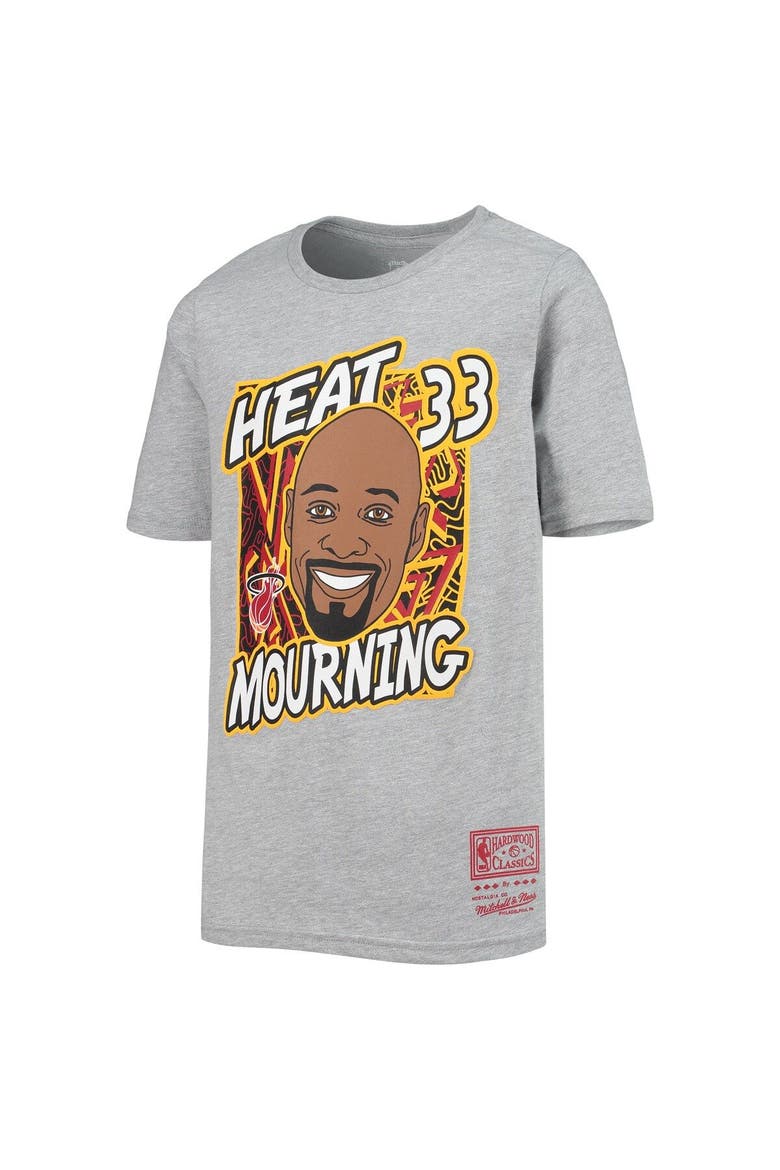 Youth Mitchell & Ness Alonzo Mourning Heathered Gray Miami Heat Hardwood Classics King of the Court Player T-Shirt, Alternate, color, Heather Gray