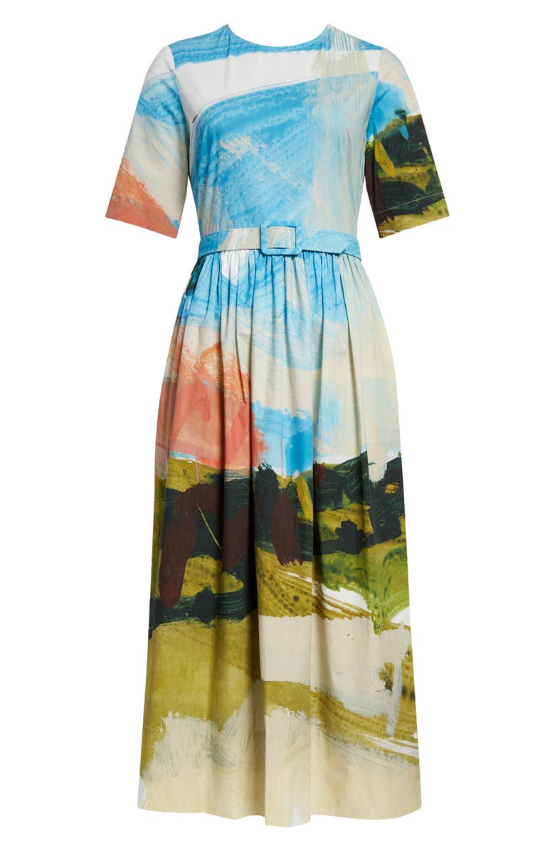 Oscar de la Renta Landscape Print Belted Stretch Cotton Midi Dress, Alternate, color,