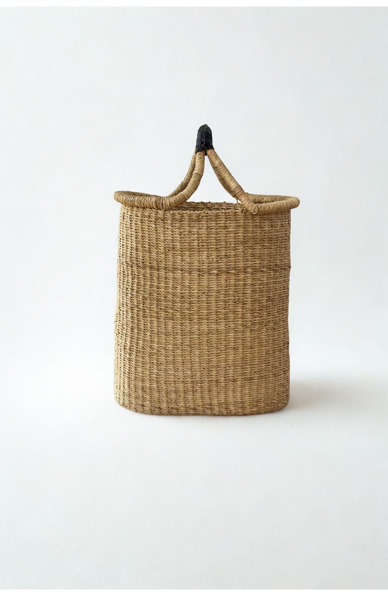 Mbare Handwoven Double Weave Pot Basket with Black Leather Handle, Main, color, Natural