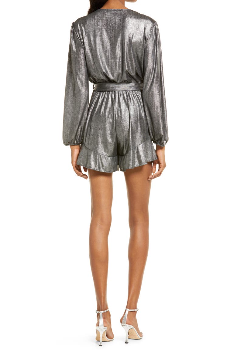 Glitter Flair Ruffle Long Sleeve Tie Waist Romper, Alternate, color, BLACK SILVER