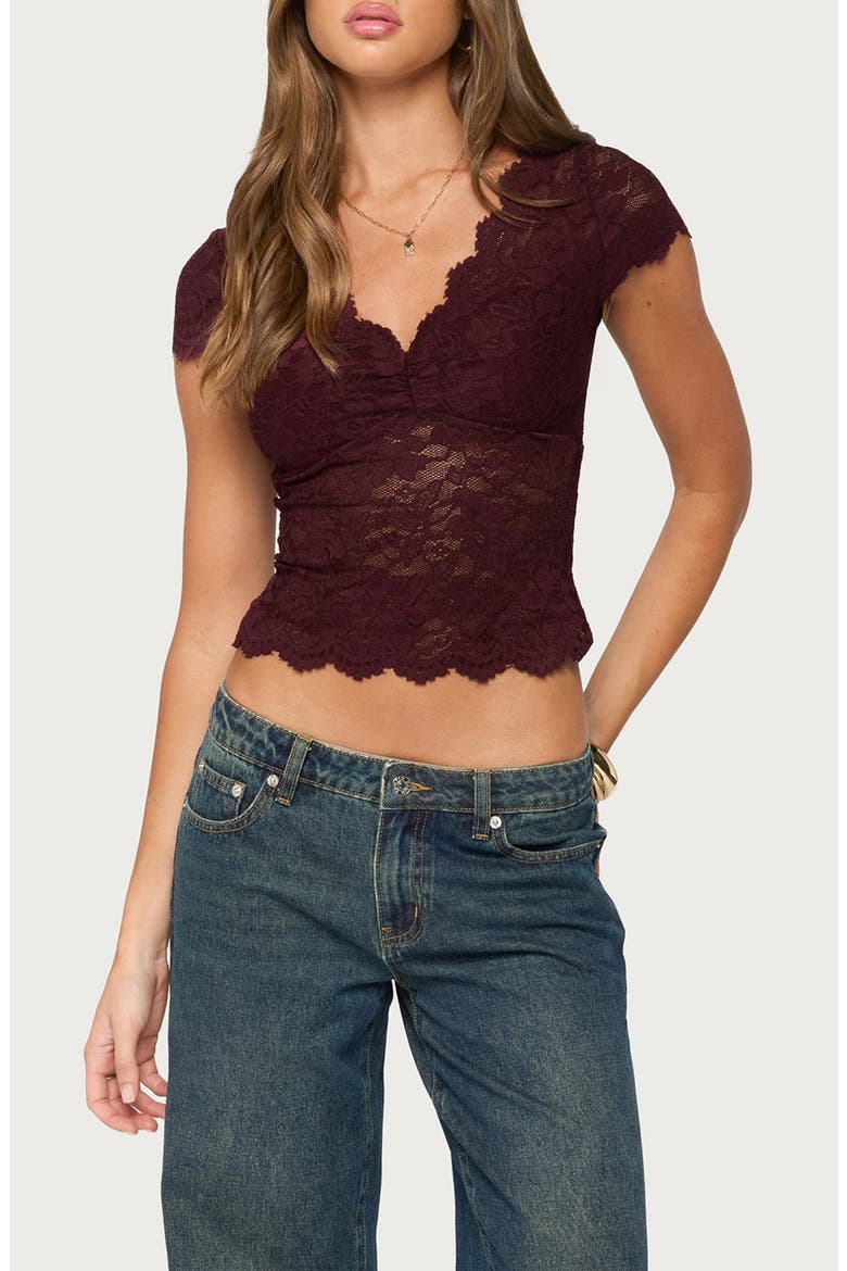 Elza Scalloped Sheer Lace Top, Main, color, BURGUNDY