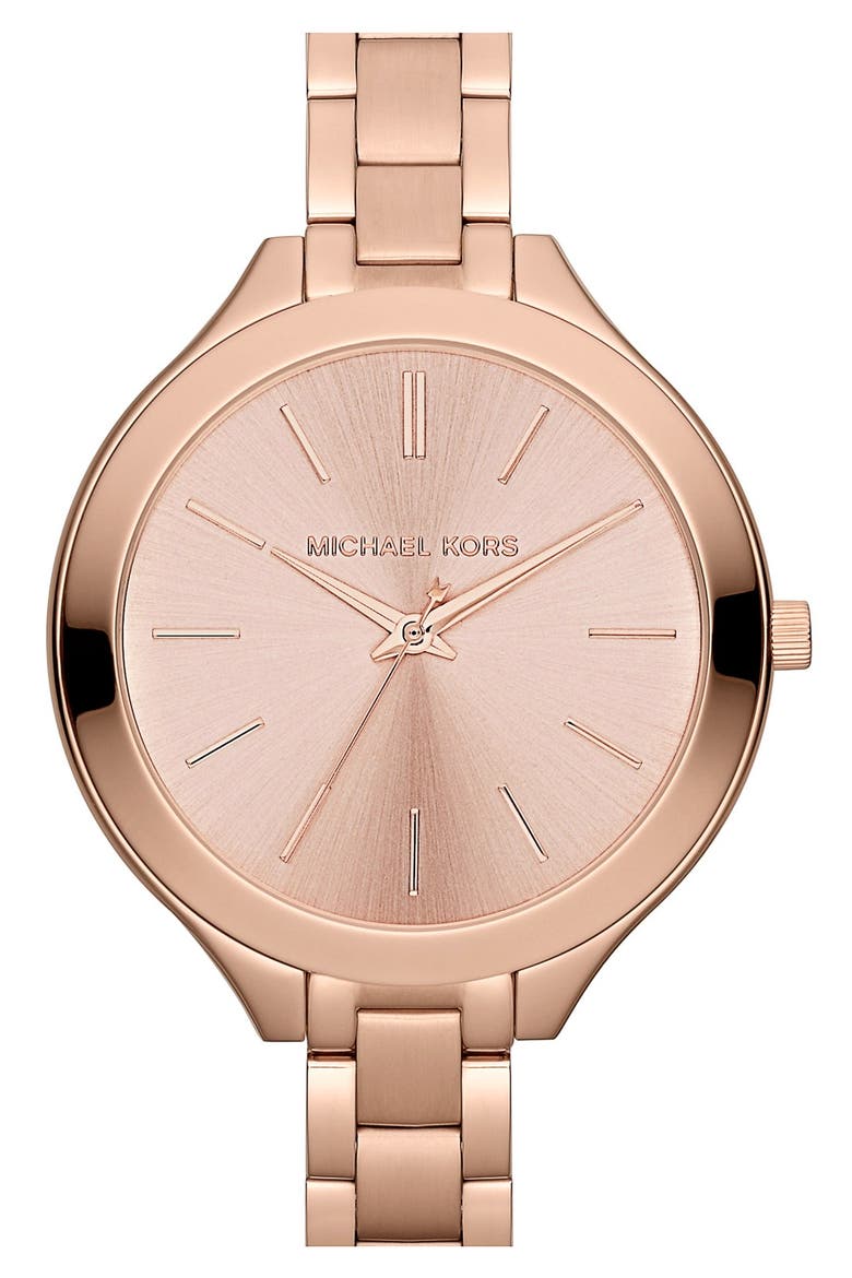 Michael Kors 'Slim Runway' Thin Bracelet Watch, 42mm, Main, color, ROSE GOLD