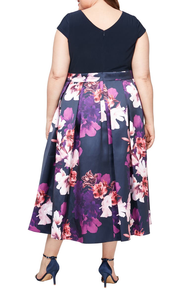 SL FASHIONS Floral Tie Belt High-Low Cocktail Dress, Alternate, color, Navy Multi