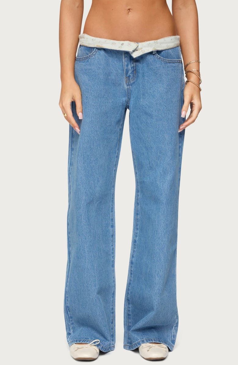 EDIKTED Florla Foldover Low Rise Wide Leg Jeans, Main, color, Blue