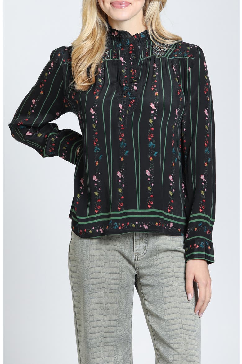 Ruffled Floral Stripe Top, Main, color, JET/ANTIQUE ROSE MULTI
