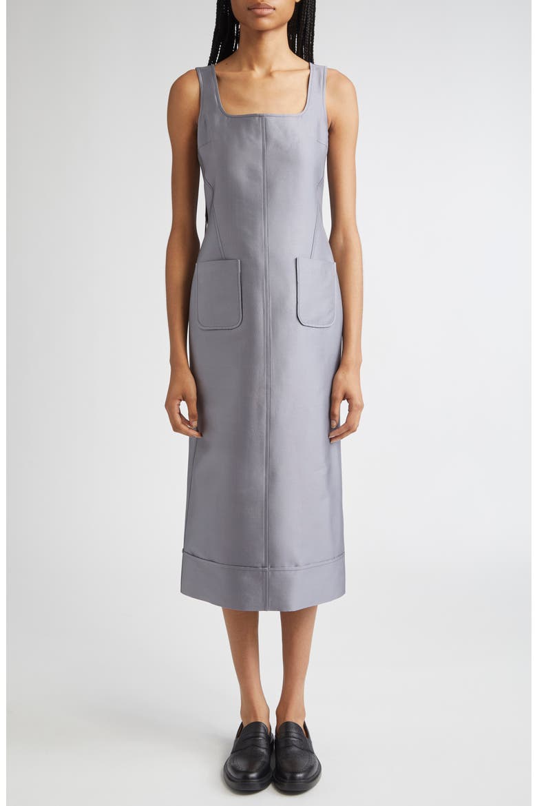 Square Neck Wool & Silk Midi Dress, Main, color, MEDIUM GREY