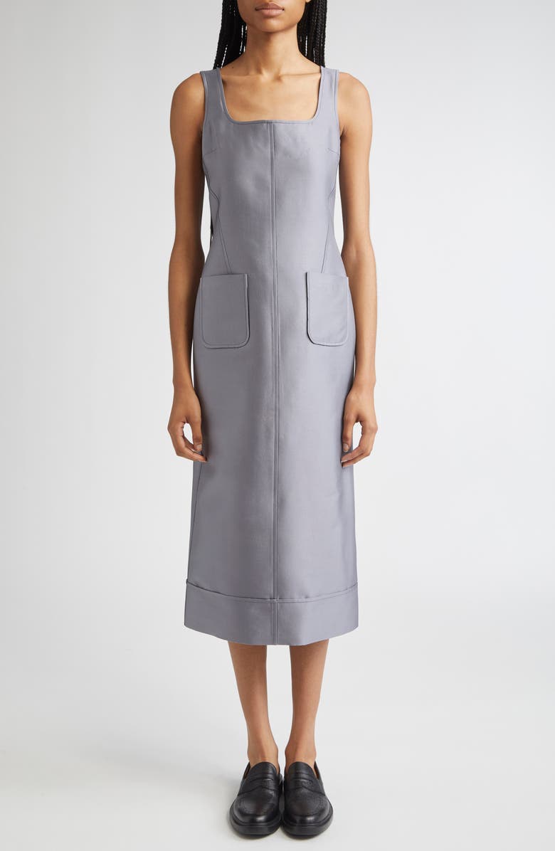 Thom Browne Square Neck Wool & Silk Midi Dress, Main, color, Medium Grey