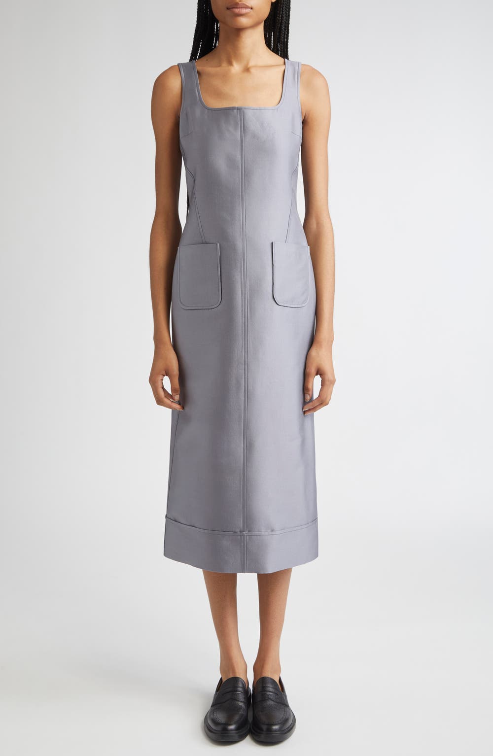 Square Neck Wool & Silk Midi Dress, color, MEDIUM GREY
