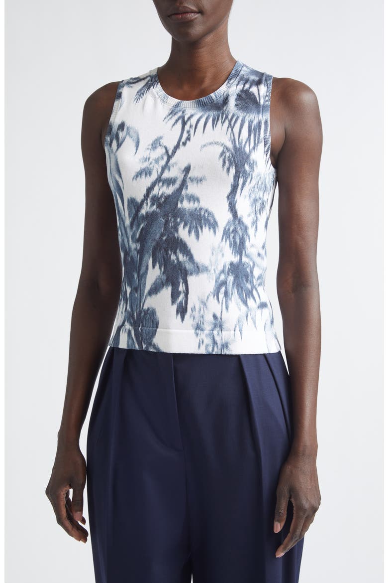Print Palm Leaf Sleeveless Cotton Blend Sweater, Alternate, color, NAVY/ WHITE