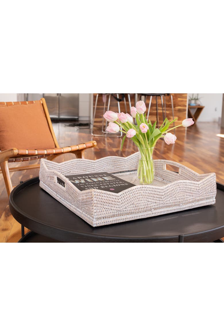Artifacts Rattan Scallop Collection Square Tray With Cutout Handles, Alternate, color, White Wash