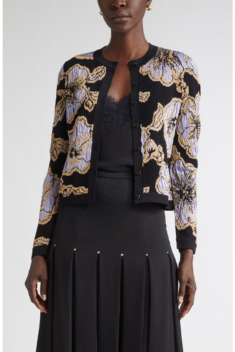 Floral Jacquard Cardigan, Main, color, BLACK/ HYDRANGEA MULTI