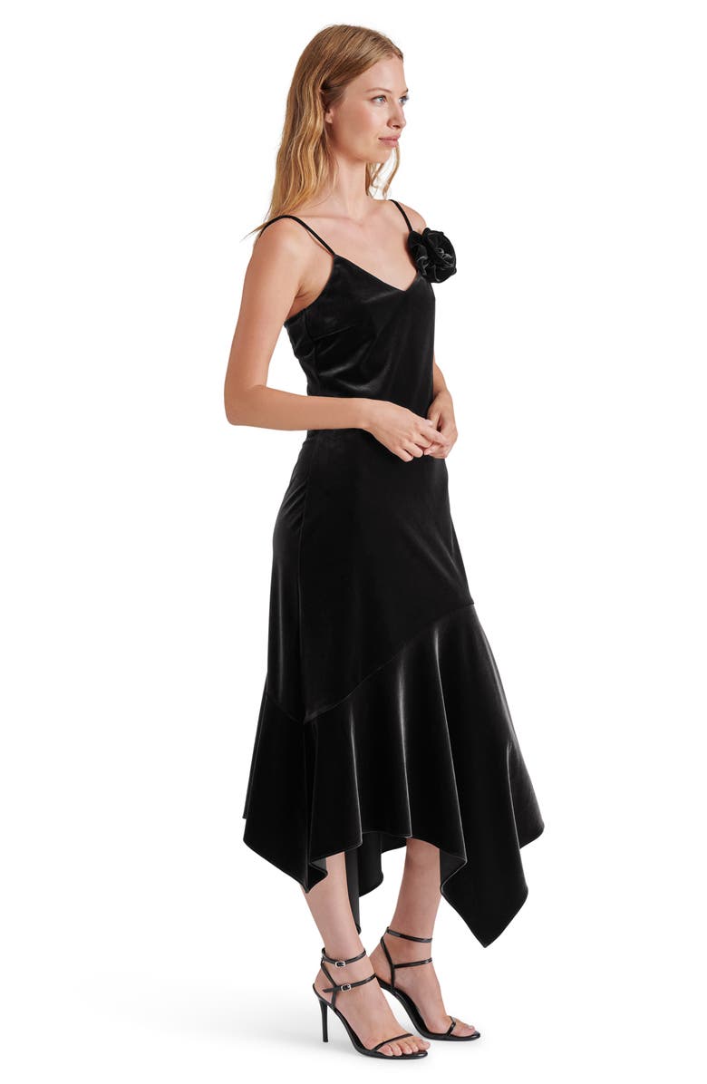 Steve Madden Lucille Rosette Detail Asymmetric Velvet Dress, Alternate, color, Black