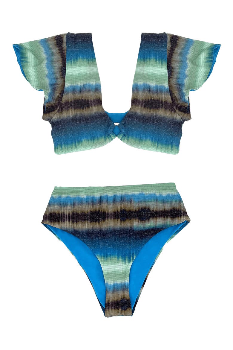 Ruffle Cap Sleeve Bikini Top, Alternate, color, BLUE/ GREEN/ WHITE MULTI