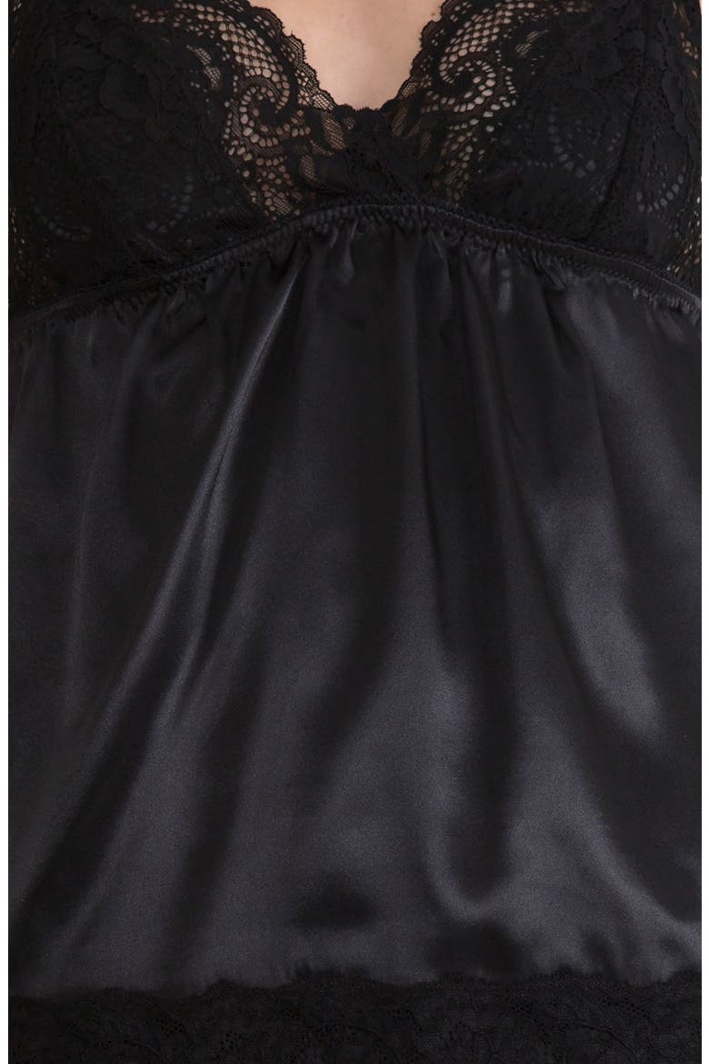 Lace Trim Satin Pajamas, Alternate, color, BLACK