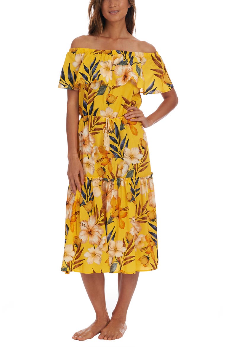 Belle Off the Shoulder Tiered Midi Dress, Alternate, color, MARIGOLD
