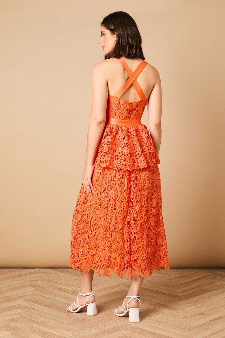 Cross Strap Tiered Lace Midi Dress, Alternate, color, Orange