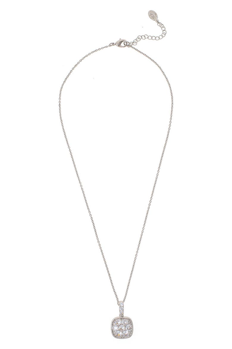 White Rhodium Clad Pavé CZ Cushion Pendant Necklace, Main, color, WHITE RHODIUM CLAD