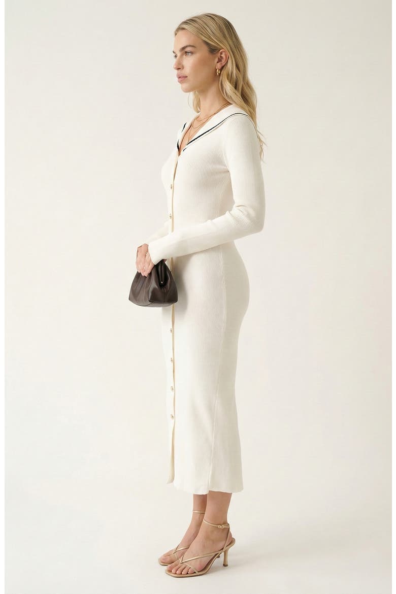 Ribbed Knit V-Neck Contrast Trim Midi Dress, Alternate, color, White / Black