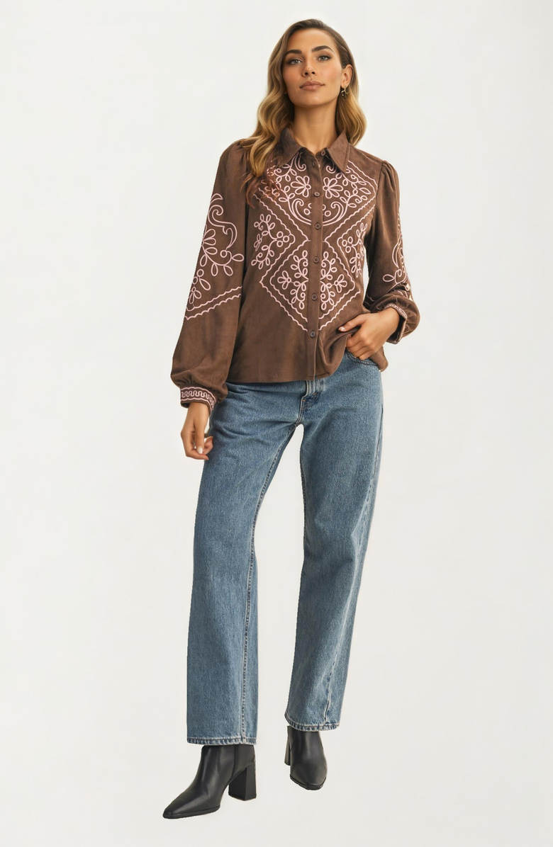 Knit and Lounge Button Up Blouse with Embroidery Details, Alternate, color, 