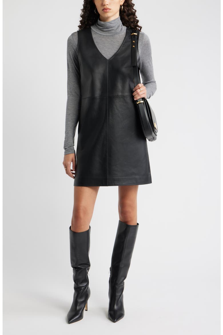 Sleeveless Leather V-Neck Minidress, Alternate, color, BLACK
