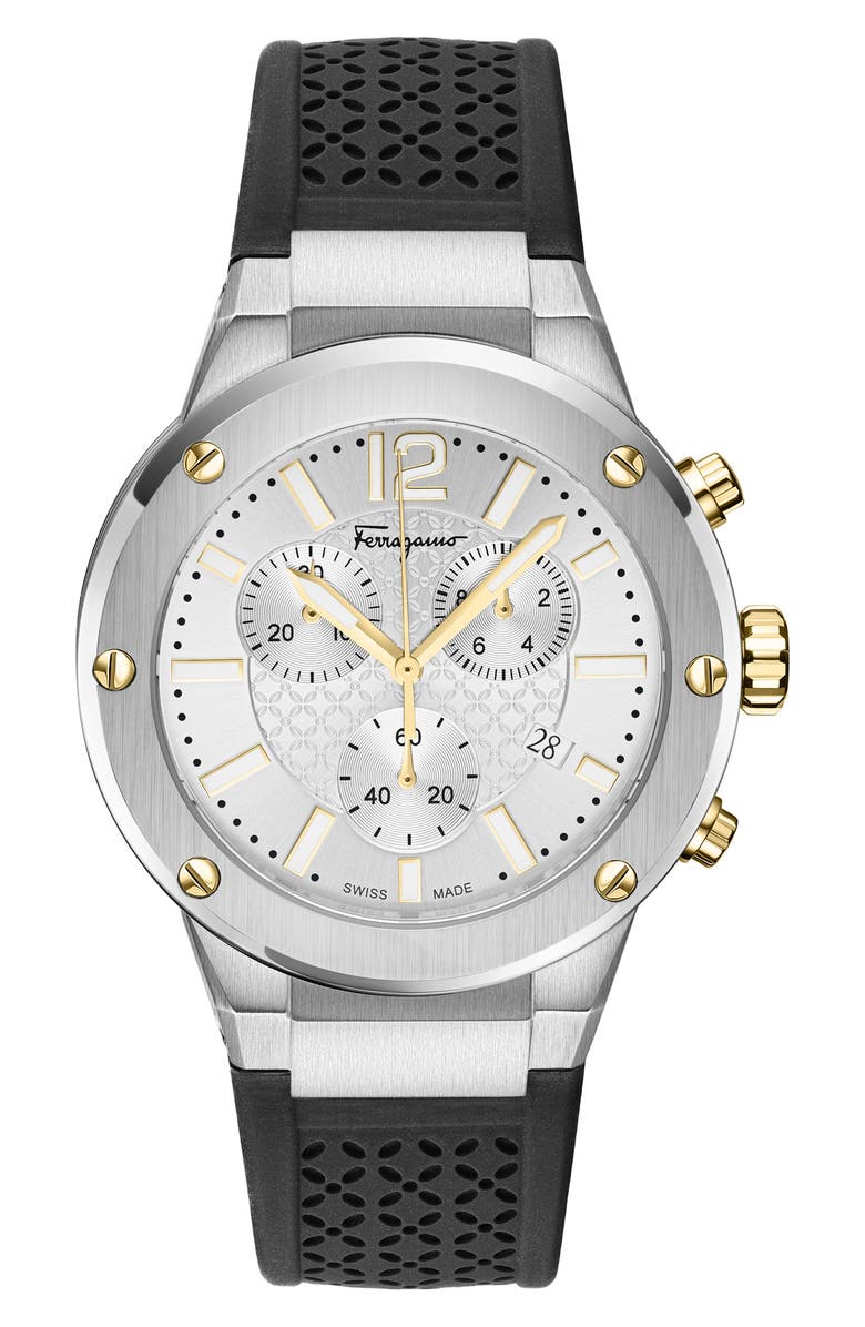FERRAGAMO Silicone Strap Chronograph Watch, 42mm, Main, color, Stainless Steel