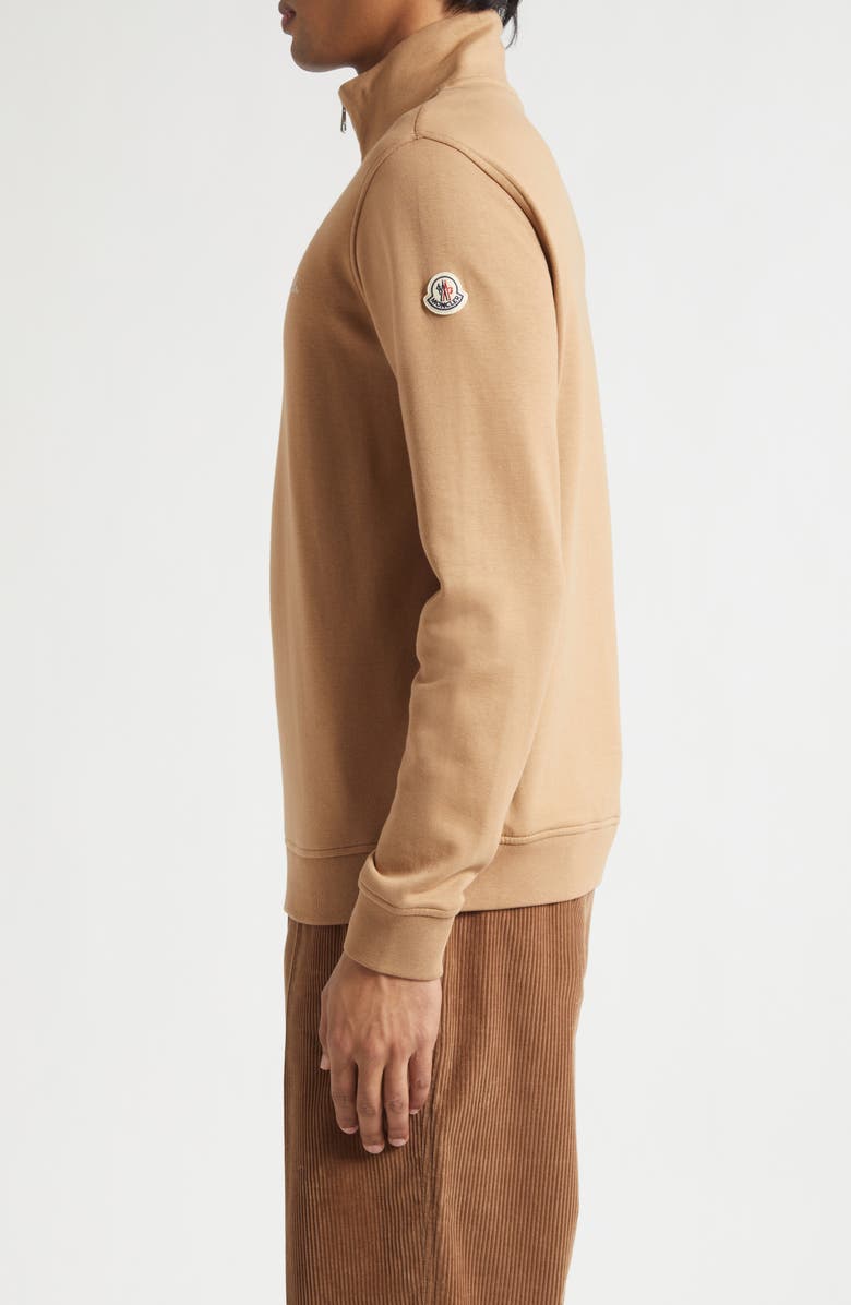 Moncler Embroidered Logo Patch Fleece Quarter Zip Sweatshirt, Alternate, color, Camel